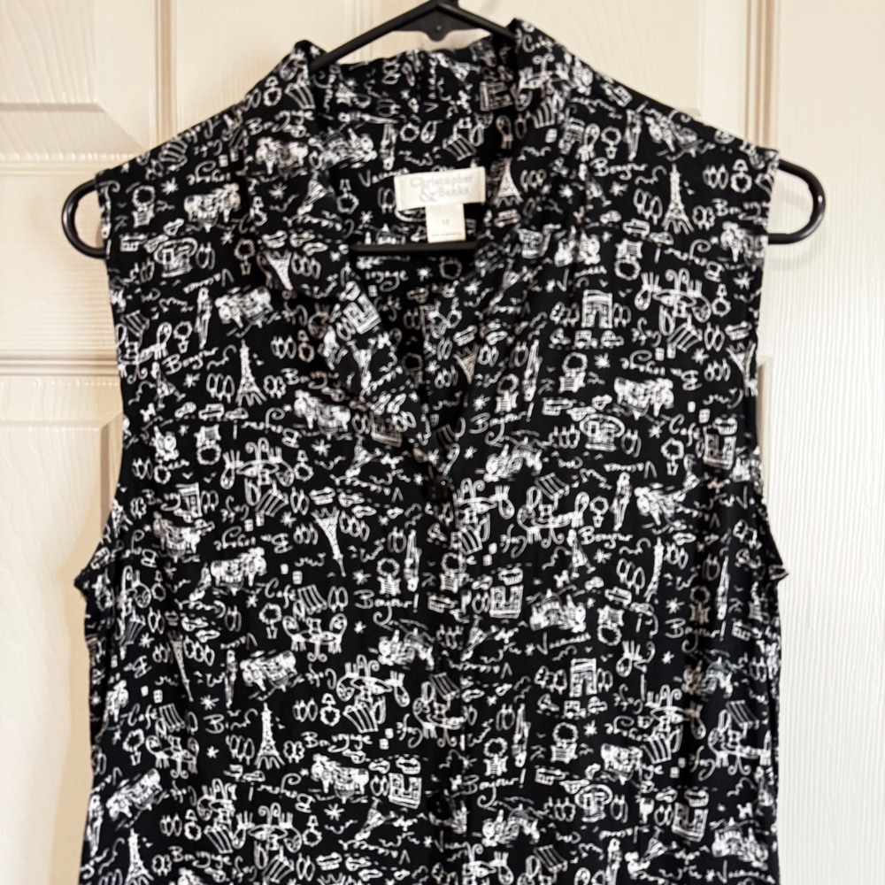 VTG Christopher Banks Maxi Dress 12 Black Paris Eiffel Tower Print Travel Whimsy - Picture 2 of 10